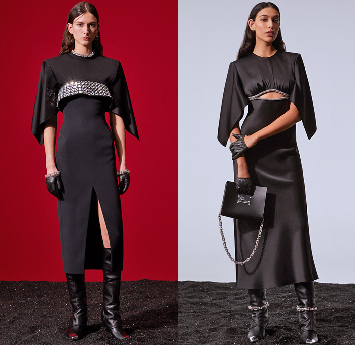 David Koma 2021 Pre-Fall Autumn Womens Lookbook Presentation - Princess Diana Bedazzled Crystals Gems Jewels Mirrors Discs Strapless Poufy Shoulders Puff Sleeves Leg O'Mutton Party Cocktail Dress Strings Cinch Noodle Strap Body Contour Knit Sweaterdress Holes Cutout Chain Cardigan Hotpants Pantsuit Harness One Shoulder Asymmetrical Hem Shirtdress Skirt Draped Silk Satin Halterneck Coat Shawl Logo Mania Sheer Tulle Lingerie Nightgown Feathers Fringes Handbag Tote Gloves Boots