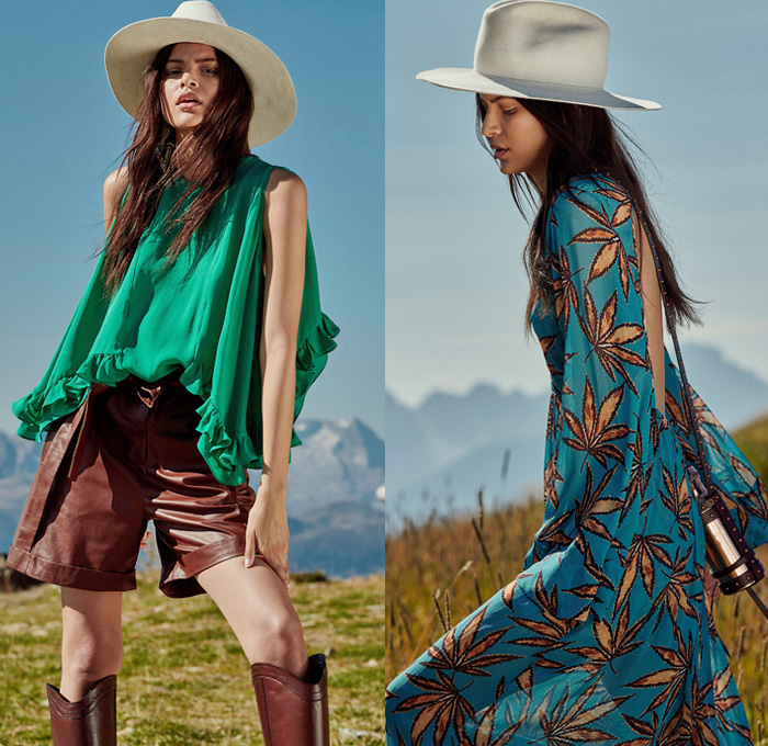 Dorothee Schumacher 2021 Pre-Fall Autumn Womens Lookbook Presentation - Western Cowgirl Hat Denim Jeans Prairie Damsel Dress Ruffles Blouse Tribal Ethnic Knit Poncho Coat Fringes Stripes Jacket Crop Top Midriff Bedazzled Sequins Embroidery Paper Bag Waist Shorts Cutoffs Cannabis Marijuana Plant Print Motif Canister Holder Lanyard Pouch Basketweave Knee High Riding Boots