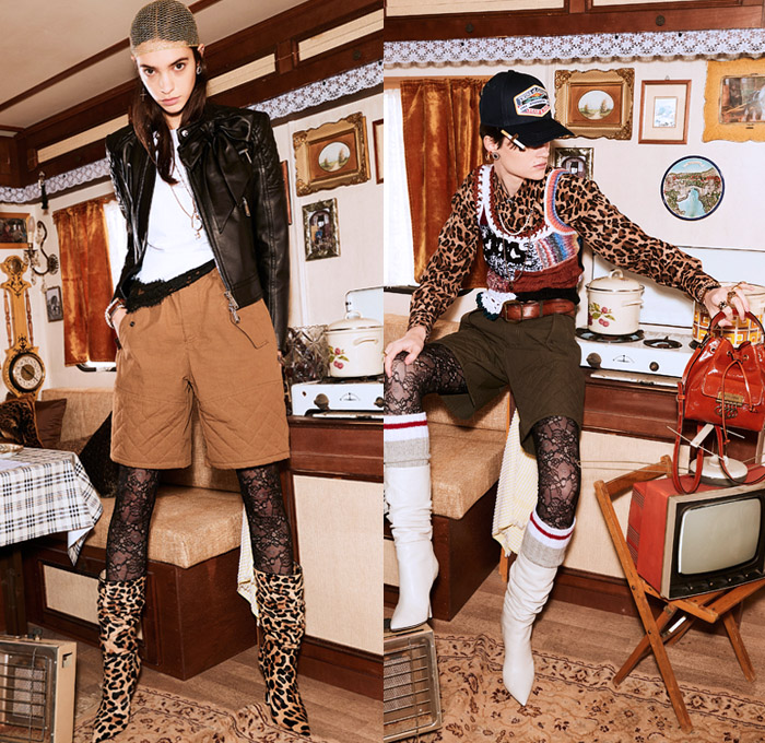 Dsquared2 2021 Pre-Fall Autumn Womens Lookbook Presentation - Motorhome Canada Layers Trucker Hat Leopard Fur Coat Parka Patchwork Denim Jeans Lace Embroidery Tights Leggings Hotpants Knit Sweater Cardigan Scarf Blouse Miniskirt Bedazzled Crystals Jewels Gems Sequins Studs Wool Tweed Check Plaid Fringes Vest Flowers Floral Decorative Art Dress Camouflage Badges Patches Corduroy Wide Sleeves Quilted Shorts Bow Ribbon Mesh Sweatshirt Stars Bandeau Crop Top Boots Handbag Tote