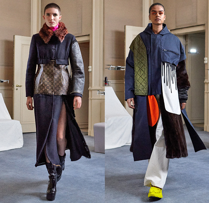 Duran Lantink 2021-2022 Fall Autumn Winter Womens Mens Runway Catwalk Looks - Soestdijk Palace - Deadstock Designer Labels Fabrics Upcycled Repurposed Deconstructed Hybrid Fur Leather Coat Dollar Sign Broche Quilted Puffer Jacket Anorak Patchwork Drip Fatigues Military Utility Pockets Vest Asymmetrical Zipper Sheer Tulle One Shoulder Dress Knit Turtleneck Sweater Crop Top Midriff Metallic Silver Gold Wide Leg Trench Pants Tights Leggings Bikini Ruffles Draped Denim Jeans Boots Drones