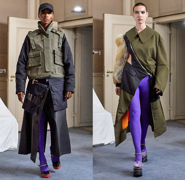 Duran Lantink 2021-2022 Fall Autumn Winter Womens Mens Runway Catwalk Looks - Soestdijk Palace - Deadstock Designer Labels Fabrics Upcycled Repurposed Deconstructed Hybrid Fur Leather Coat Dollar Sign Broche Quilted Puffer Jacket Anorak Patchwork Drip Fatigues Military Utility Pockets Vest Asymmetrical Zipper Sheer Tulle One Shoulder Dress Knit Turtleneck Sweater Crop Top Midriff Metallic Silver Gold Wide Leg Trench Pants Tights Leggings Bikini Ruffles Draped Denim Jeans Boots Drones
