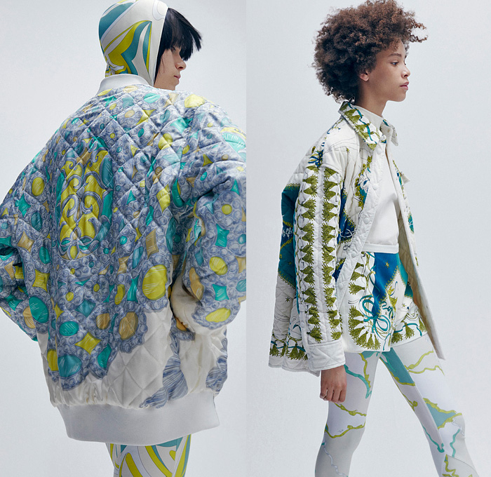 Emilio Pucci 2021-2022 Fall Autumn Winter Womens Lookbook Presentation - Milano Moda Donna Collezione Milan Fashion Week Italy - Heritage Prints Tassels Rope Ornaments Decorative Art Ribbons Streamers Chain Geometric Gems Crystals Studs Feathers Fringes Quilted Puffer Coat Bomber Jacket Hoodie Onesie Bodysuit Ski Suit Coveralls Unitard Leotard Wool Knit Crop Top Midriff Blouse Scarf Skirt Noodle Strap Dress Accordion Pleats Leggings Tights Wrapped Heels Wedge