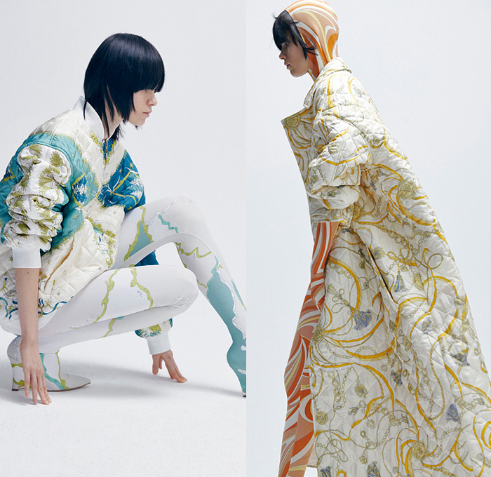 Emilio Pucci 2021-2022 Fall Autumn Winter Womens Lookbook Presentation - Milano Moda Donna Collezione Milan Fashion Week Italy - Heritage Prints Tassels Rope Ornaments Decorative Art Ribbons Streamers Chain Geometric Gems Crystals Studs Feathers Fringes Quilted Puffer Coat Bomber Jacket Hoodie Onesie Bodysuit Ski Suit Coveralls Unitard Leotard Wool Knit Crop Top Midriff Blouse Scarf Skirt Noodle Strap Dress Accordion Pleats Leggings Tights Wrapped Heels Wedge