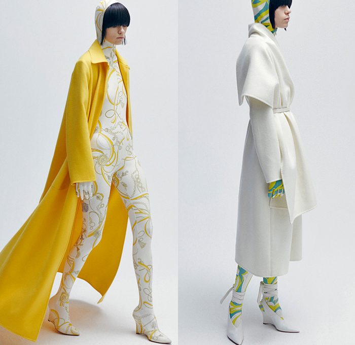 Emilio Pucci 2021-2022 Fall Autumn Winter Womens Lookbook Presentation - Milano Moda Donna Collezione Milan Fashion Week Italy - Heritage Prints Tassels Rope Ornaments Decorative Art Ribbons Streamers Chain Geometric Gems Crystals Studs Feathers Fringes Quilted Puffer Coat Bomber Jacket Hoodie Onesie Bodysuit Ski Suit Coveralls Unitard Leotard Wool Knit Crop Top Midriff Blouse Scarf Skirt Noodle Strap Dress Accordion Pleats Leggings Tights Wrapped Heels Wedge