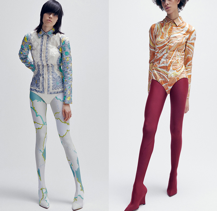 Emilio Pucci 2021-2022 Fall Autumn Winter Womens Lookbook Presentation - Milano Moda Donna Collezione Milan Fashion Week Italy - Heritage Prints Tassels Rope Ornaments Decorative Art Ribbons Streamers Chain Geometric Gems Crystals Studs Feathers Fringes Quilted Puffer Coat Bomber Jacket Hoodie Onesie Bodysuit Ski Suit Coveralls Unitard Leotard Wool Knit Crop Top Midriff Blouse Scarf Skirt Noodle Strap Dress Accordion Pleats Leggings Tights Wrapped Heels Wedge