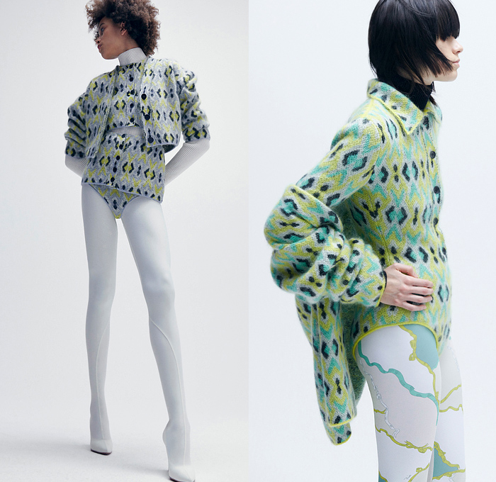 Emilio Pucci 2021-2022 Fall Autumn Winter Womens Lookbook Presentation - Milano Moda Donna Collezione Milan Fashion Week Italy - Heritage Prints Tassels Rope Ornaments Decorative Art Ribbons Streamers Chain Geometric Gems Crystals Studs Feathers Fringes Quilted Puffer Coat Bomber Jacket Hoodie Onesie Bodysuit Ski Suit Coveralls Unitard Leotard Wool Knit Crop Top Midriff Blouse Scarf Skirt Noodle Strap Dress Accordion Pleats Leggings Tights Wrapped Heels Wedge