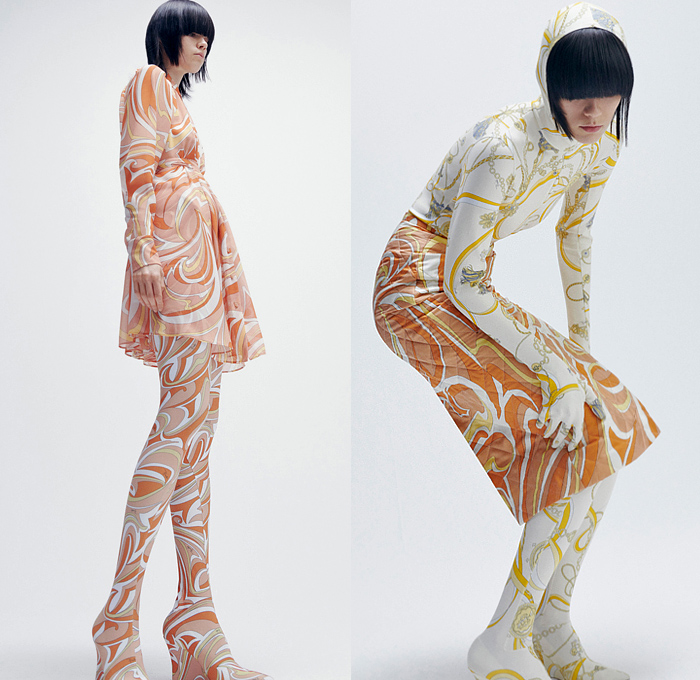 Emilio Pucci 2021-2022 Fall Autumn Winter Womens Lookbook Presentation - Milano Moda Donna Collezione Milan Fashion Week Italy - Heritage Prints Tassels Rope Ornaments Decorative Art Ribbons Streamers Chain Geometric Gems Crystals Studs Feathers Fringes Quilted Puffer Coat Bomber Jacket Hoodie Onesie Bodysuit Ski Suit Coveralls Unitard Leotard Wool Knit Crop Top Midriff Blouse Scarf Skirt Noodle Strap Dress Accordion Pleats Leggings Tights Wrapped Heels Wedge
