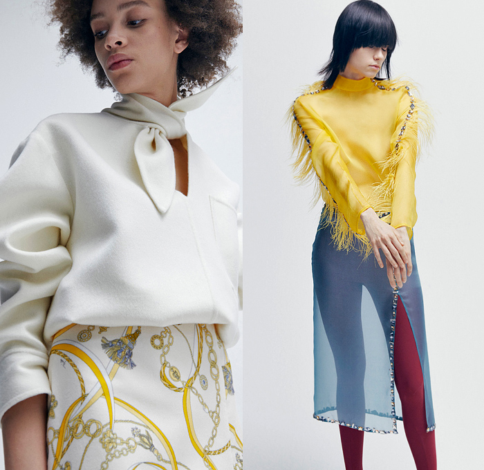 Emilio Pucci 2021-2022 Fall Autumn Winter Womens Lookbook Presentation - Milano Moda Donna Collezione Milan Fashion Week Italy - Heritage Prints Tassels Rope Ornaments Decorative Art Ribbons Streamers Chain Geometric Gems Crystals Studs Feathers Fringes Quilted Puffer Coat Bomber Jacket Hoodie Onesie Bodysuit Ski Suit Coveralls Unitard Leotard Wool Knit Crop Top Midriff Blouse Scarf Skirt Noodle Strap Dress Accordion Pleats Leggings Tights Wrapped Heels Wedge