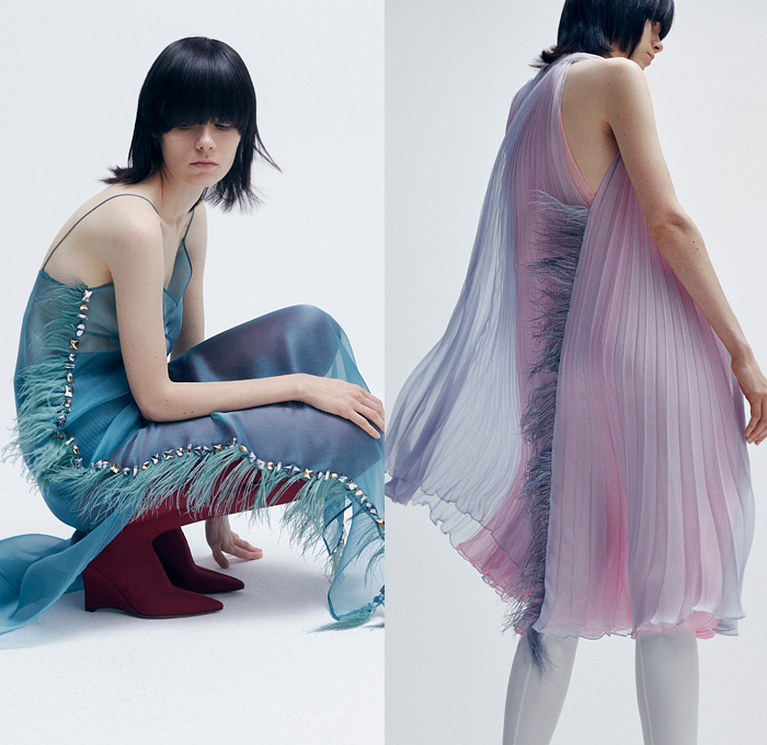 Emilio Pucci 2021-2022 Fall Autumn Winter Womens Lookbook Presentation - Milano Moda Donna Collezione Milan Fashion Week Italy - Heritage Prints Tassels Rope Ornaments Decorative Art Ribbons Streamers Chain Geometric Gems Crystals Studs Feathers Fringes Quilted Puffer Coat Bomber Jacket Hoodie Onesie Bodysuit Ski Suit Coveralls Unitard Leotard Wool Knit Crop Top Midriff Blouse Scarf Skirt Noodle Strap Dress Accordion Pleats Leggings Tights Wrapped Heels Wedge
