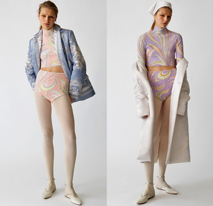 Emilio Pucci 2021 Pre-Fall Autumn Womens Lookbook Presentation - Archival Print Landscape Mountains Sealife Seashells Festival Banners Streamers Tassels Rope Flags Swirls Ribbons Check Sheer Chiffon Bedazzled Crystals Gems Jewels Long Sleeve Blouse Crop Top Midriff Turtleneck Drawstring Shirtdress Onesie Leggings Tights Shorts Hotpants Velvet Coat Blazer Crossbody Mini Micro Bag Flats Mules Bucket Hat Head Scarf