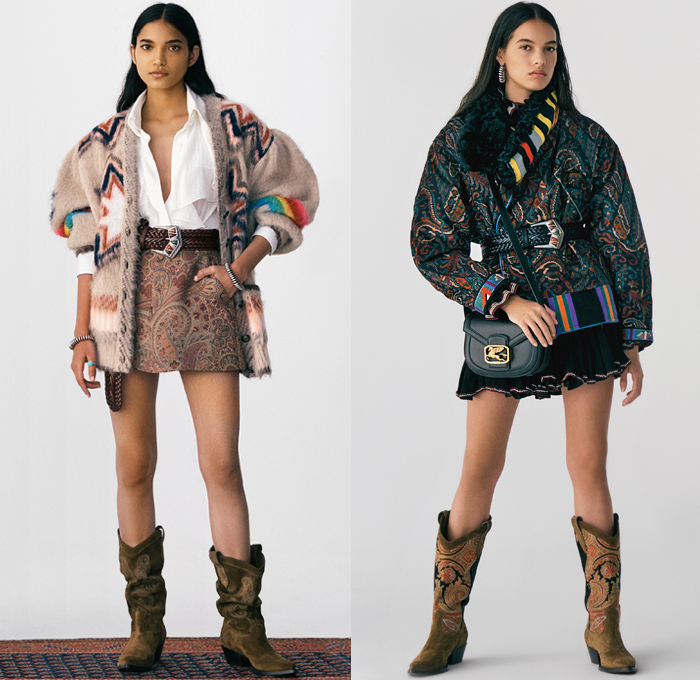 Etro 2021 Pre-Fall Autumn Womens Lookbook Presentation - 1970s Seventies Rock Bohemian Boho Chic Western Tribal Knit Cap Geometric Paisley Decorative Art Coat Marching Band Jacket Fur Flowers Floral Ruffles Vest Velvet Blazer Jacquard Leopard Tiered Fringes Scarf Patchwork Accordion Pleats Blouse Cutout Waist Poncho Quilted Wide Belt Crop Top Bikini Check Bedazzled Studs Stars Pantsuit Maxi Dress Miniskirt Denim Jeans Cowboy Boots Fanny Pack Belt Bag Pouch Handbag Tote Luggage