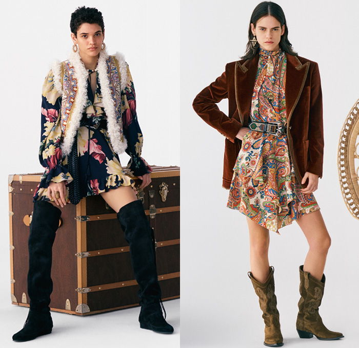 Etro 2021 Pre-Fall Autumn Womens Lookbook Presentation - 1970s Seventies Rock Bohemian Boho Chic Western Tribal Knit Cap Geometric Paisley Decorative Art Coat Marching Band Jacket Fur Flowers Floral Ruffles Vest Velvet Blazer Jacquard Leopard Tiered Fringes Scarf Patchwork Accordion Pleats Blouse Cutout Waist Poncho Quilted Wide Belt Crop Top Bikini Check Bedazzled Studs Stars Pantsuit Maxi Dress Miniskirt Denim Jeans Cowboy Boots Fanny Pack Belt Bag Pouch Handbag Tote Luggage