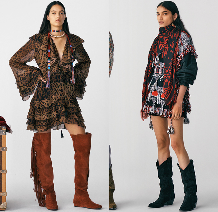 Etro 2021 Pre-Fall Autumn Womens Lookbook Presentation - 1970s Seventies Rock Bohemian Boho Chic Western Tribal Knit Cap Geometric Paisley Decorative Art Coat Marching Band Jacket Fur Flowers Floral Ruffles Vest Velvet Blazer Jacquard Leopard Tiered Fringes Scarf Patchwork Accordion Pleats Blouse Cutout Waist Poncho Quilted Wide Belt Crop Top Bikini Check Bedazzled Studs Stars Pantsuit Maxi Dress Miniskirt Denim Jeans Cowboy Boots Fanny Pack Belt Bag Pouch Handbag Tote Luggage