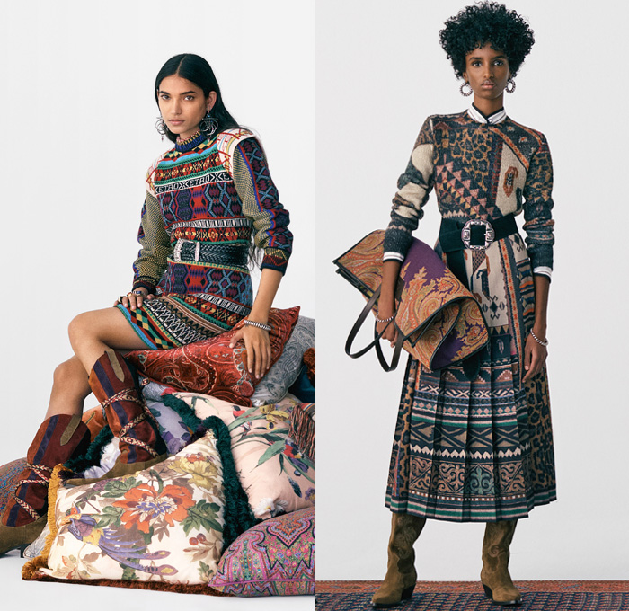 Etro 2021 Pre-Fall Autumn Womens Lookbook Presentation - 1970s Seventies Rock Bohemian Boho Chic Western Tribal Knit Cap Geometric Paisley Decorative Art Coat Marching Band Jacket Fur Flowers Floral Ruffles Vest Velvet Blazer Jacquard Leopard Tiered Fringes Scarf Patchwork Accordion Pleats Blouse Cutout Waist Poncho Quilted Wide Belt Crop Top Bikini Check Bedazzled Studs Stars Pantsuit Maxi Dress Miniskirt Denim Jeans Cowboy Boots Fanny Pack Belt Bag Pouch Handbag Tote Luggage