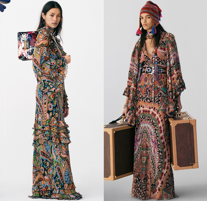 Etro 2021 Pre-Fall Autumn Womens Lookbook Presentation - 1970s Seventies Rock Bohemian Boho Chic Western Tribal Knit Cap Geometric Paisley Decorative Art Coat Marching Band Jacket Fur Flowers Floral Ruffles Vest Velvet Blazer Jacquard Leopard Tiered Fringes Scarf Patchwork Accordion Pleats Blouse Cutout Waist Poncho Quilted Wide Belt Crop Top Bikini Check Bedazzled Studs Stars Pantsuit Maxi Dress Miniskirt Denim Jeans Cowboy Boots Fanny Pack Belt Bag Pouch Handbag Tote Luggage