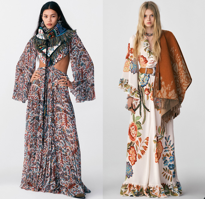 Etro 2021 Pre-Fall Autumn Womens Lookbook Presentation - 1970s Seventies Rock Bohemian Boho Chic Western Tribal Knit Cap Geometric Paisley Decorative Art Coat Marching Band Jacket Fur Flowers Floral Ruffles Vest Velvet Blazer Jacquard Leopard Tiered Fringes Scarf Patchwork Accordion Pleats Blouse Cutout Waist Poncho Quilted Wide Belt Crop Top Bikini Check Bedazzled Studs Stars Pantsuit Maxi Dress Miniskirt Denim Jeans Cowboy Boots Fanny Pack Belt Bag Pouch Handbag Tote Luggage