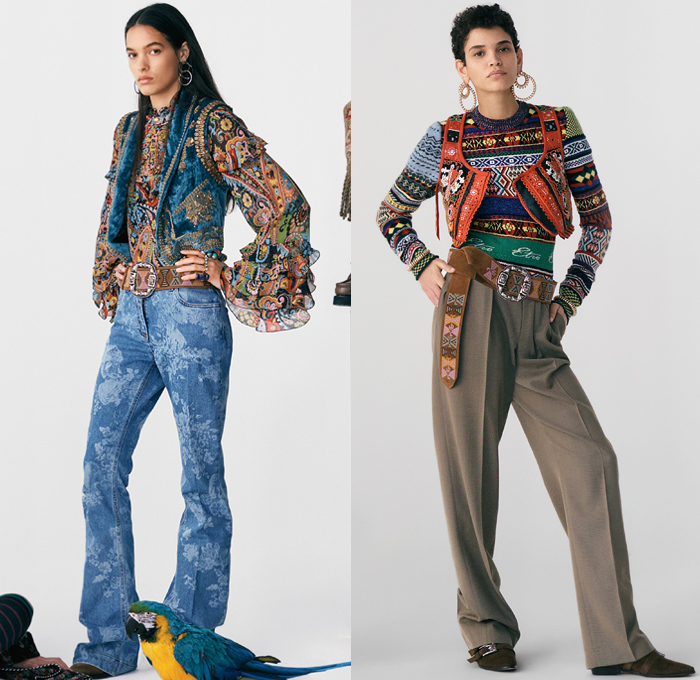 Etro 2021 Pre-Fall Autumn Womens Lookbook Presentation - 1970s Seventies Rock Bohemian Boho Chic Western Tribal Knit Cap Geometric Paisley Decorative Art Coat Marching Band Jacket Fur Flowers Floral Ruffles Vest Velvet Blazer Jacquard Leopard Tiered Fringes Scarf Patchwork Accordion Pleats Blouse Cutout Waist Poncho Quilted Wide Belt Crop Top Bikini Check Bedazzled Studs Stars Pantsuit Maxi Dress Miniskirt Denim Jeans Cowboy Boots Fanny Pack Belt Bag Pouch Handbag Tote Luggage