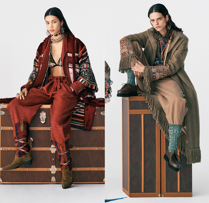 Etro 2021 Pre-Fall Autumn Womens Lookbook Presentation - 1970s Seventies Rock Bohemian Boho Chic Western Tribal Knit Cap Geometric Paisley Decorative Art Coat Marching Band Jacket Fur Flowers Floral Ruffles Vest Velvet Blazer Jacquard Leopard Tiered Fringes Scarf Patchwork Accordion Pleats Blouse Cutout Waist Poncho Quilted Wide Belt Crop Top Bikini Check Bedazzled Studs Stars Pantsuit Maxi Dress Miniskirt Denim Jeans Cowboy Boots Fanny Pack Belt Bag Pouch Handbag Tote Luggage