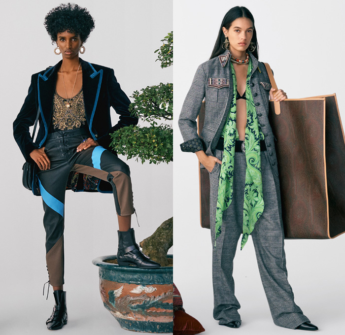 Etro 2021 Pre-Fall Autumn Womens Lookbook Presentation - 1970s Seventies Rock Bohemian Boho Chic Western Tribal Knit Cap Geometric Paisley Decorative Art Coat Marching Band Jacket Fur Flowers Floral Ruffles Vest Velvet Blazer Jacquard Leopard Tiered Fringes Scarf Patchwork Accordion Pleats Blouse Cutout Waist Poncho Quilted Wide Belt Crop Top Bikini Check Bedazzled Studs Stars Pantsuit Maxi Dress Miniskirt Denim Jeans Cowboy Boots Fanny Pack Belt Bag Pouch Handbag Tote Luggage