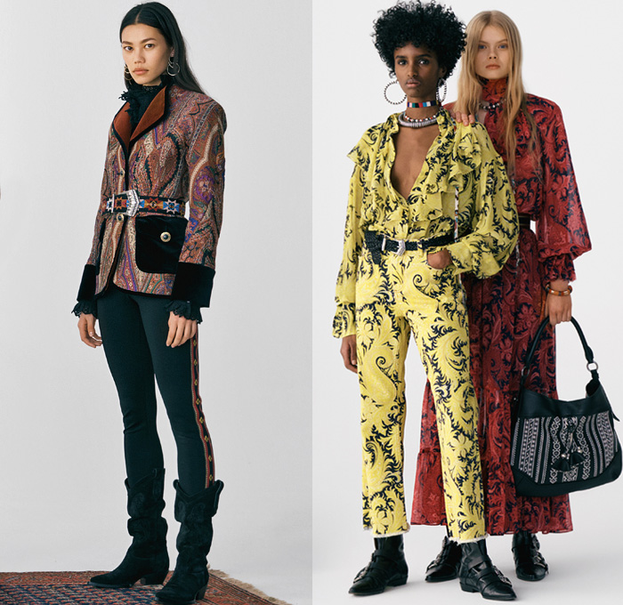 Etro 2021 Pre-Fall Autumn Womens Lookbook Presentation - 1970s Seventies Rock Bohemian Boho Chic Western Tribal Knit Cap Geometric Paisley Decorative Art Coat Marching Band Jacket Fur Flowers Floral Ruffles Vest Velvet Blazer Jacquard Leopard Tiered Fringes Scarf Patchwork Accordion Pleats Blouse Cutout Waist Poncho Quilted Wide Belt Crop Top Bikini Check Bedazzled Studs Stars Pantsuit Maxi Dress Miniskirt Denim Jeans Cowboy Boots Fanny Pack Belt Bag Pouch Handbag Tote Luggage