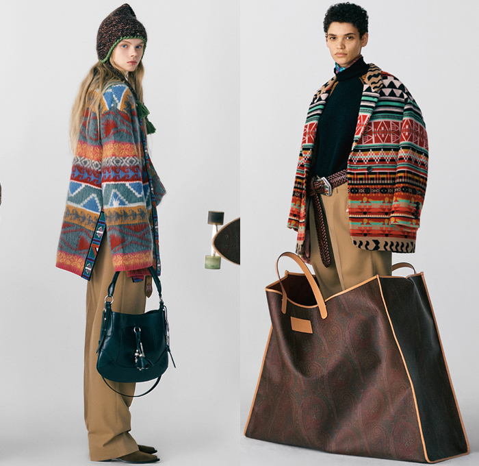 Etro 2021 Pre-Fall Autumn Womens Lookbook Presentation - 1970s Seventies Rock Bohemian Boho Chic Western Tribal Knit Cap Geometric Paisley Decorative Art Coat Marching Band Jacket Fur Flowers Floral Ruffles Vest Velvet Blazer Jacquard Leopard Tiered Fringes Scarf Patchwork Accordion Pleats Blouse Cutout Waist Poncho Quilted Wide Belt Crop Top Bikini Check Bedazzled Studs Stars Pantsuit Maxi Dress Miniskirt Denim Jeans Cowboy Boots Fanny Pack Belt Bag Pouch Handbag Tote Luggage