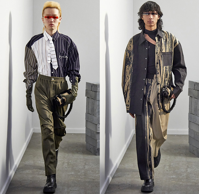 Feng Chen Wang 2021-2022 Fall Autumn Winter Mens Lookbook Presentation - Chinese Heritage Colors Fur Shearling Patchwork Stained Paint Dye Double Hem Denim Jacket Cargo Pants Utility Pockets Gloves Knit Turtleneck Sweater Crop Top Cutout Slashed Perforated Hole Jogger Sweatpants Stripes Long Sleeve Shirt Asymmetrical One Shoulder Quilted Puffer Jacket Neck Tie Vest Suit Blazer Split Half Handbag Canister Clutch Sandals Boots