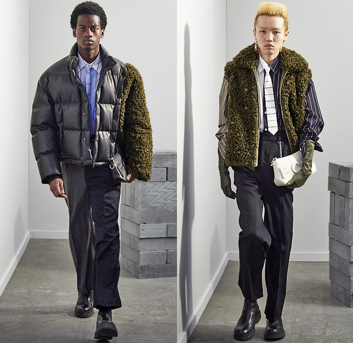 Feng Chen Wang 2021-2022 Fall Autumn Winter Mens Lookbook Presentation - Chinese Heritage Colors Fur Shearling Patchwork Stained Paint Dye Double Hem Denim Jacket Cargo Pants Utility Pockets Gloves Knit Turtleneck Sweater Crop Top Cutout Slashed Perforated Hole Jogger Sweatpants Stripes Long Sleeve Shirt Asymmetrical One Shoulder Quilted Puffer Jacket Neck Tie Vest Suit Blazer Split Half Handbag Canister Clutch Sandals Boots