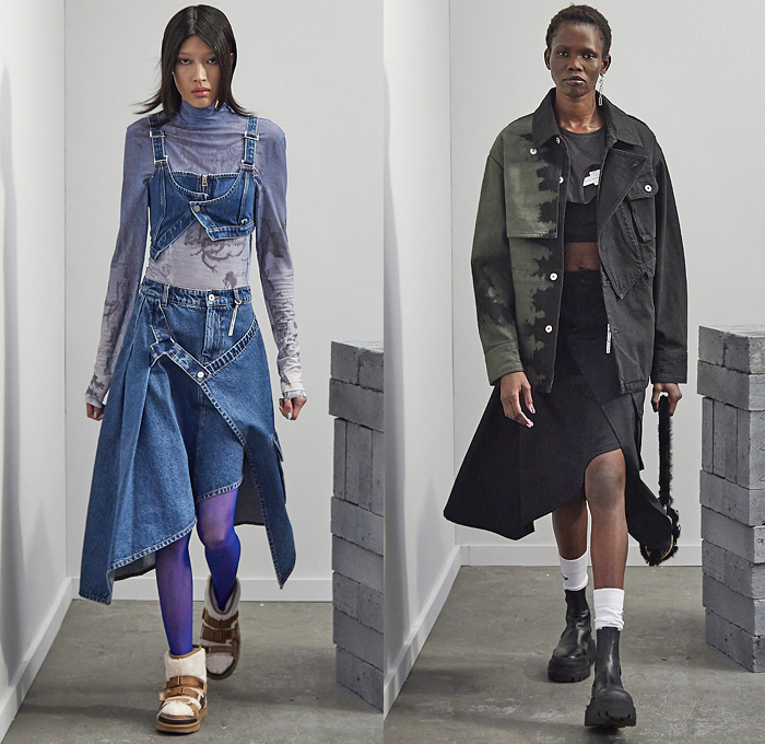 Feng Chen Wang 2021-2022 Fall Autumn Winter Womens Lookbook Presentation - Chinese Heritage Colors Fur Shearling Paint Stains Dye Two-Tone Denim Jeans Flare Jacket Cargo Pants Utility Pockets Opera Gloves Fins Oversleeve Crop Top Midriff Asymmetrical Hem Skirt Draped Tights Stockings Deconstructed Knit Sweater Vest Bib Pompoms Turtleneck Blazer Shorts Grunge Slit Cutout Check Trench Coat Pantsuit Sandals Boots Canister Bag
