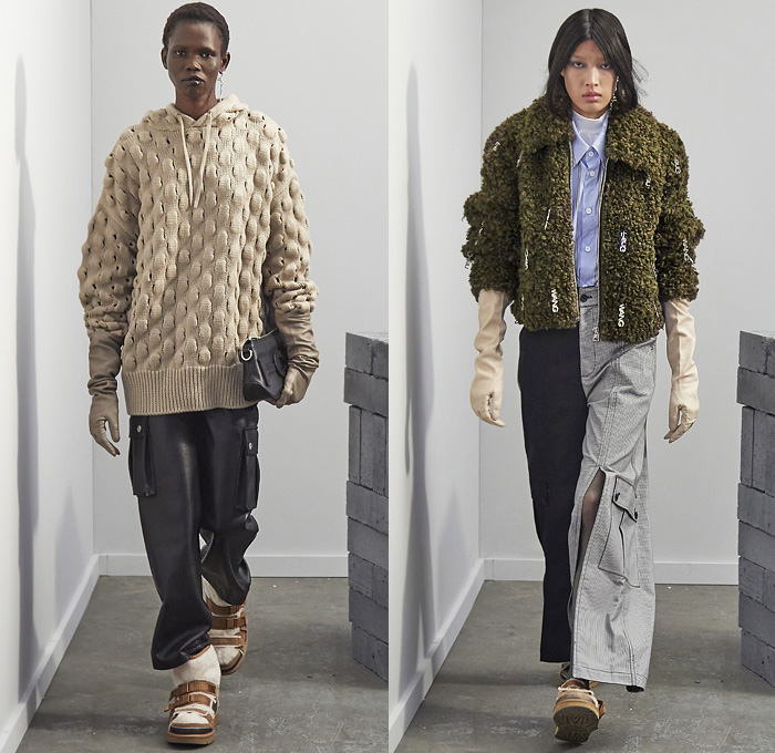 Feng Chen Wang 2021-2022 Fall Autumn Winter Womens Lookbook Presentation - Chinese Heritage Colors Fur Shearling Paint Stains Dye Two-Tone Denim Jeans Flare Jacket Cargo Pants Utility Pockets Opera Gloves Fins Oversleeve Crop Top Midriff Asymmetrical Hem Skirt Draped Tights Stockings Deconstructed Knit Sweater Vest Bib Pompoms Turtleneck Blazer Shorts Grunge Slit Cutout Check Trench Coat Pantsuit Sandals Boots Canister Bag