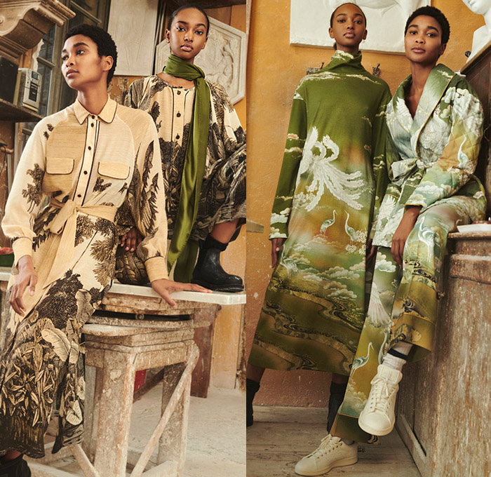 For Restless Sleepers 2021-2022 Fall Autumn Winter Womens Lookbook Presentation - Milano Moda Donna Collezione Milan Fashion Week Italy - Sleepwear Lounge Pajamas Shirtdress Blouse Knit Sweaterdress Quilted Coat Robe Jungle Fauna Leaves Animals Tiger Birds of Paradise Japanese Crane Landscape Ornaments Decorative Art Flowers Floral Fête Champêtre Garden Party Scenes Stars Constellation Map Crop Top Midriff Sneakers Boots