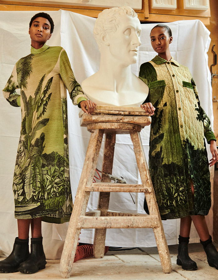 For Restless Sleepers 2021-2022 Fall Autumn Winter Womens Lookbook Presentation - Milano Moda Donna Collezione Milan Fashion Week Italy - Sleepwear Lounge Pajamas Shirtdress Blouse Knit Sweaterdress Quilted Coat Robe Jungle Fauna Leaves Animals Tiger Birds of Paradise Japanese Crane Landscape Ornaments Decorative Art Flowers Floral Fête Champêtre Garden Party Scenes Stars Constellation Map Crop Top Midriff Sneakers Boots