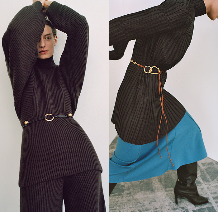 Gabriele Colangelo 2021 Pre-Fall Autumn Womens Lookbook Presentation - Knit Turtleneck Sweater Onesie Ribbed Sweaterdress Shawl Hooks Chain Long Fringes Trims Asymmetrical Skirt Blouse Button Zipper Hem Cutout Slit Slashed Wide Leg Palazzo Pants Pantsuit Blazer Velvet Strap Harness Trench Coat Boots