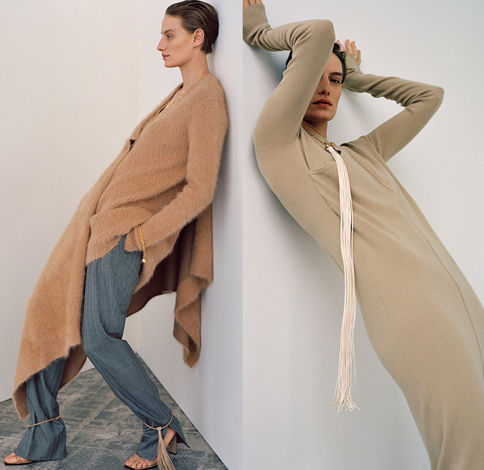 Gabriele Colangelo 2021 Pre-Fall Autumn Womens Lookbook Presentation - Knit Turtleneck Sweater Onesie Ribbed Sweaterdress Shawl Hooks Chain Long Fringes Trims Asymmetrical Skirt Blouse Button Zipper Hem Cutout Slit Slashed Wide Leg Palazzo Pants Pantsuit Blazer Velvet Strap Harness Trench Coat Boots