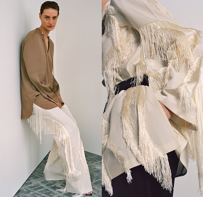 Gabriele Colangelo 2021 Pre-Fall Autumn Womens Lookbook Presentation - Knit Turtleneck Sweater Onesie Ribbed Sweaterdress Shawl Hooks Chain Long Fringes Trims Asymmetrical Skirt Blouse Button Zipper Hem Cutout Slit Slashed Wide Leg Palazzo Pants Pantsuit Blazer Velvet Strap Harness Trench Coat Boots