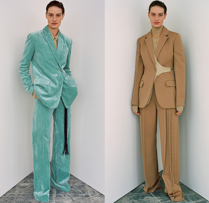 Gabriele Colangelo 2021 Pre-Fall Autumn Womens Lookbook Presentation - Knit Turtleneck Sweater Onesie Ribbed Sweaterdress Shawl Hooks Chain Long Fringes Trims Asymmetrical Skirt Blouse Button Zipper Hem Cutout Slit Slashed Wide Leg Palazzo Pants Pantsuit Blazer Velvet Strap Harness Trench Coat Boots