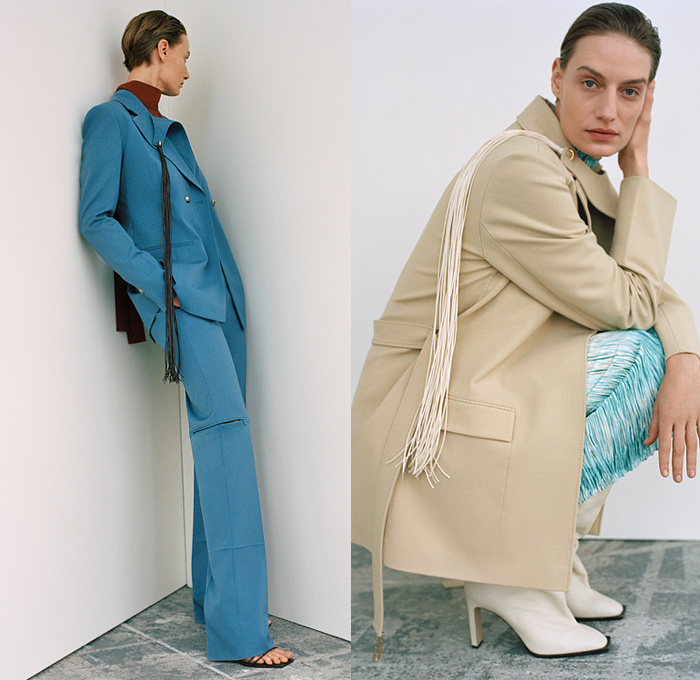 Gabriele Colangelo 2021 Pre-Fall Autumn Womens Lookbook Presentation - Knit Turtleneck Sweater Onesie Ribbed Sweaterdress Shawl Hooks Chain Long Fringes Trims Asymmetrical Skirt Blouse Button Zipper Hem Cutout Slit Slashed Wide Leg Palazzo Pants Pantsuit Blazer Velvet Strap Harness Trench Coat Boots