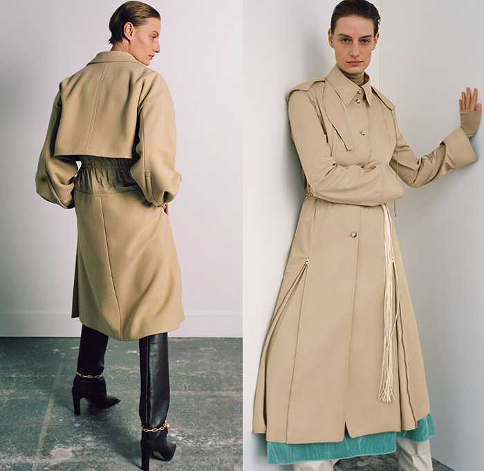 Gabriele Colangelo 2021 Pre-Fall Autumn Womens Lookbook Presentation - Knit Turtleneck Sweater Onesie Ribbed Sweaterdress Shawl Hooks Chain Long Fringes Trims Asymmetrical Skirt Blouse Button Zipper Hem Cutout Slit Slashed Wide Leg Palazzo Pants Pantsuit Blazer Velvet Strap Harness Trench Coat Boots