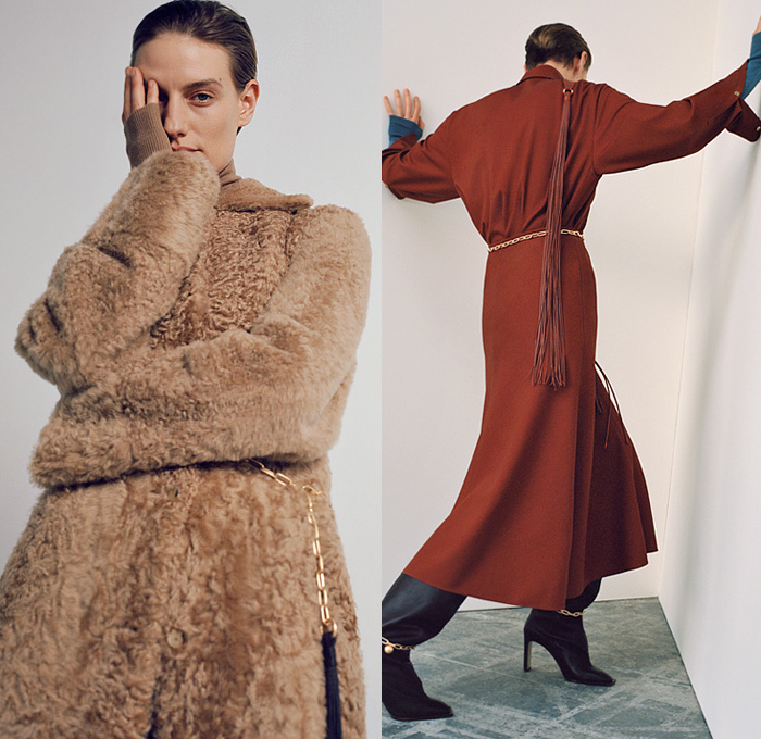 Gabriele Colangelo 2021 Pre-Fall Autumn Womens Lookbook Presentation - Knit Turtleneck Sweater Onesie Ribbed Sweaterdress Shawl Hooks Chain Long Fringes Trims Asymmetrical Skirt Blouse Button Zipper Hem Cutout Slit Slashed Wide Leg Palazzo Pants Pantsuit Blazer Velvet Strap Harness Trench Coat Boots