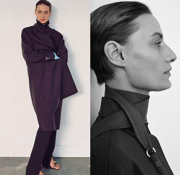 Gabriele Colangelo 2021 Pre-Fall Autumn Womens Lookbook Presentation - Knit Turtleneck Sweater Onesie Ribbed Sweaterdress Shawl Hooks Chain Long Fringes Trims Asymmetrical Skirt Blouse Button Zipper Hem Cutout Slit Slashed Wide Leg Palazzo Pants Pantsuit Blazer Velvet Strap Harness Trench Coat Boots