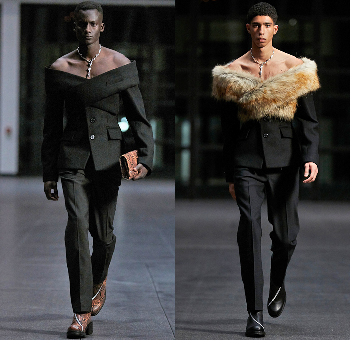 Ghembehha GmbH 2021-2022 Fall Autumn Winter Mens Runway Looks - Paris Fashion Week Mens Homme Automne Hiver - Welt Am Draht World On A Wire - Cross Wrap Strapless Open Shoulder Suit Blazer Quilted Puffer Oversized Coat Fur Plush Mockneck Knit Sweater Harness Slim Skinny Leather Long Sleeve Shirt Zippers Fitted Geometric Anorak Track Jacket Cargo Utility Pockets Snakeskin Clutch Bag Knee High Boots