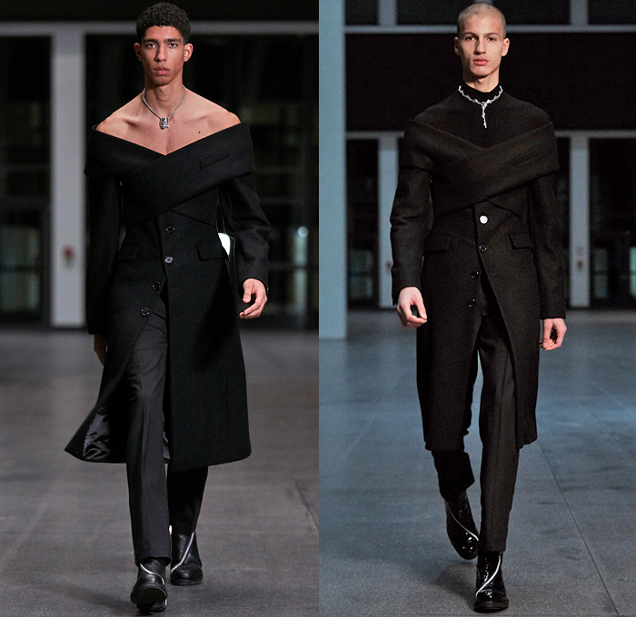 Ghembehha GmbH 2021-2022 Fall Autumn Winter Mens Runway Looks - Paris Fashion Week Mens Homme Automne Hiver - Welt Am Draht World On A Wire - Cross Wrap Strapless Open Shoulder Suit Blazer Quilted Puffer Oversized Coat Fur Plush Mockneck Knit Sweater Harness Slim Skinny Leather Long Sleeve Shirt Zippers Fitted Geometric Anorak Track Jacket Cargo Utility Pockets Snakeskin Clutch Bag Knee High Boots