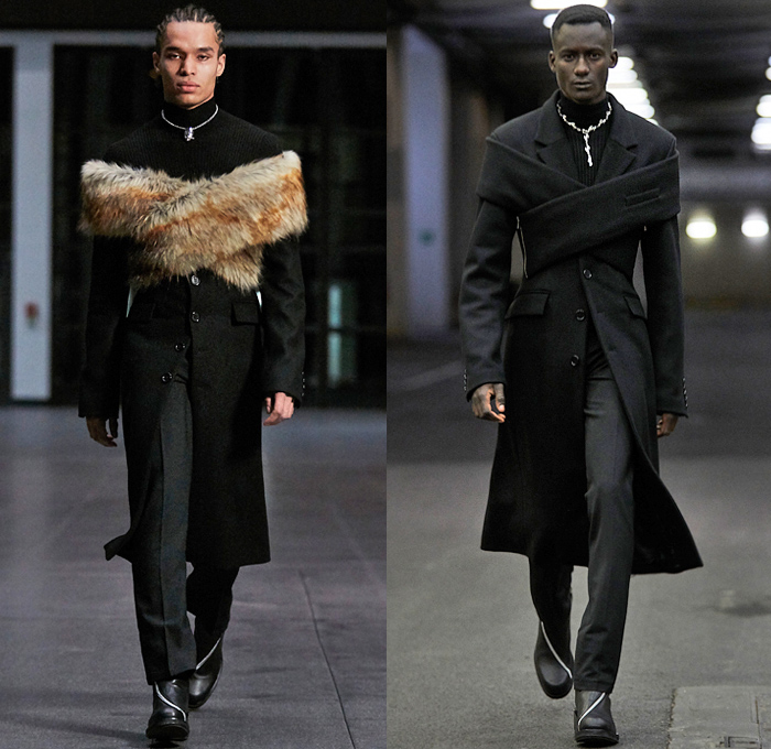Ghembehha GmbH 2021-2022 Fall Autumn Winter Mens Runway Looks - Paris Fashion Week Mens Homme Automne Hiver - Welt Am Draht World On A Wire - Cross Wrap Strapless Open Shoulder Suit Blazer Quilted Puffer Oversized Coat Fur Plush Mockneck Knit Sweater Harness Slim Skinny Leather Long Sleeve Shirt Zippers Fitted Geometric Anorak Track Jacket Cargo Utility Pockets Snakeskin Clutch Bag Knee High Boots