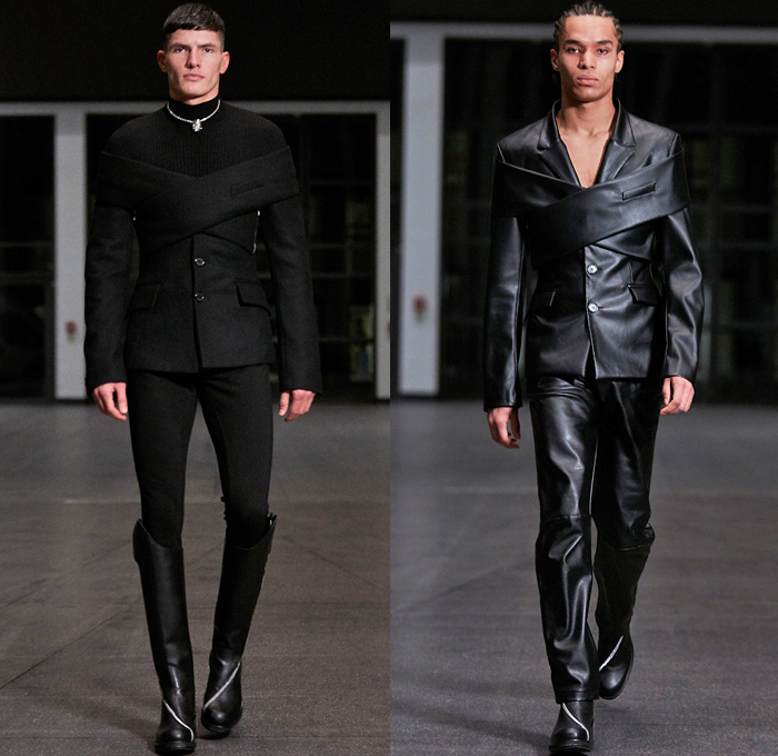 Ghembehha GmbH 2021-2022 Fall Autumn Winter Mens Runway Looks - Paris Fashion Week Mens Homme Automne Hiver - Welt Am Draht World On A Wire - Cross Wrap Strapless Open Shoulder Suit Blazer Quilted Puffer Oversized Coat Fur Plush Mockneck Knit Sweater Harness Slim Skinny Leather Long Sleeve Shirt Zippers Fitted Geometric Anorak Track Jacket Cargo Utility Pockets Snakeskin Clutch Bag Knee High Boots