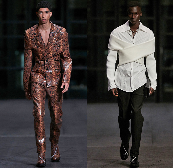 Ghembehha GmbH 2021-2022 Fall Autumn Winter Mens Runway Looks - Paris Fashion Week Mens Homme Automne Hiver - Welt Am Draht World On A Wire - Cross Wrap Strapless Open Shoulder Suit Blazer Quilted Puffer Oversized Coat Fur Plush Mockneck Knit Sweater Harness Slim Skinny Leather Long Sleeve Shirt Zippers Fitted Geometric Anorak Track Jacket Cargo Utility Pockets Snakeskin Clutch Bag Knee High Boots