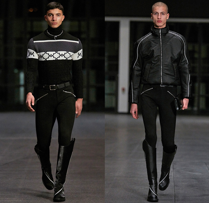 Ghembehha GmbH 2021-2022 Fall Autumn Winter Mens Runway Looks - Paris Fashion Week Mens Homme Automne Hiver - Welt Am Draht World On A Wire - Cross Wrap Strapless Open Shoulder Suit Blazer Quilted Puffer Oversized Coat Fur Plush Mockneck Knit Sweater Harness Slim Skinny Leather Long Sleeve Shirt Zippers Fitted Geometric Anorak Track Jacket Cargo Utility Pockets Snakeskin Clutch Bag Knee High Boots