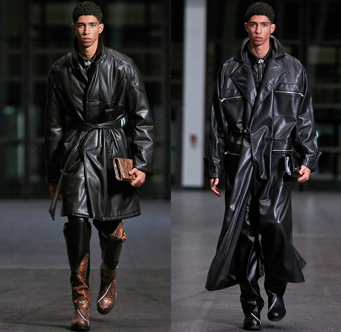 Ghembehha GmbH 2021-2022 Fall Autumn Winter Mens Runway Looks - Paris Fashion Week Mens Homme Automne Hiver - Welt Am Draht World On A Wire - Cross Wrap Strapless Open Shoulder Suit Blazer Quilted Puffer Oversized Coat Fur Plush Mockneck Knit Sweater Harness Slim Skinny Leather Long Sleeve Shirt Zippers Fitted Geometric Anorak Track Jacket Cargo Utility Pockets Snakeskin Clutch Bag Knee High Boots