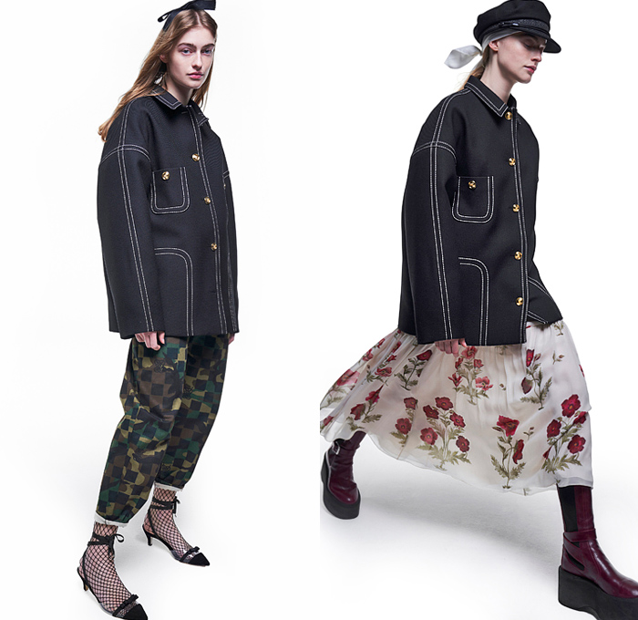 Giambattista Valli 2021 Pre-Fall Autumn Womens Lookbook Presentation - Police Hat Peaked Cap Racing Check Denim Jeans Jacket Shirtdress Camouflage Knit Turtleneck Sweater Cardigan Puffer Coat Ribbon Flowers Floral Trees Prairie Damsel Dress Tweed Blazer Vest Sheer Tulle Chiffon Paisley Blouse Ruffles Lace Embroidery Strapless Pockets Coatdress Sailor Skirt Miniskirt Cutoffs Shorts Camisole Nightgown Polka Dots Goddess Gown Tied Knot Twist Fishnet Stockings Tote Handbag Boots Loafers