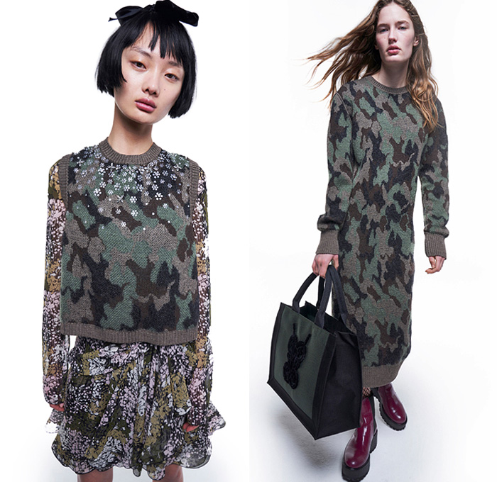 Giambattista Valli 2021 Pre-Fall Autumn Womens Lookbook Presentation - Police Hat Peaked Cap Racing Check Denim Jeans Jacket Shirtdress Camouflage Knit Turtleneck Sweater Cardigan Puffer Coat Ribbon Flowers Floral Trees Prairie Damsel Dress Tweed Blazer Vest Sheer Tulle Chiffon Paisley Blouse Ruffles Lace Embroidery Strapless Pockets Coatdress Sailor Skirt Miniskirt Cutoffs Shorts Camisole Nightgown Polka Dots Goddess Gown Tied Knot Twist Fishnet Stockings Tote Handbag Boots Loafers