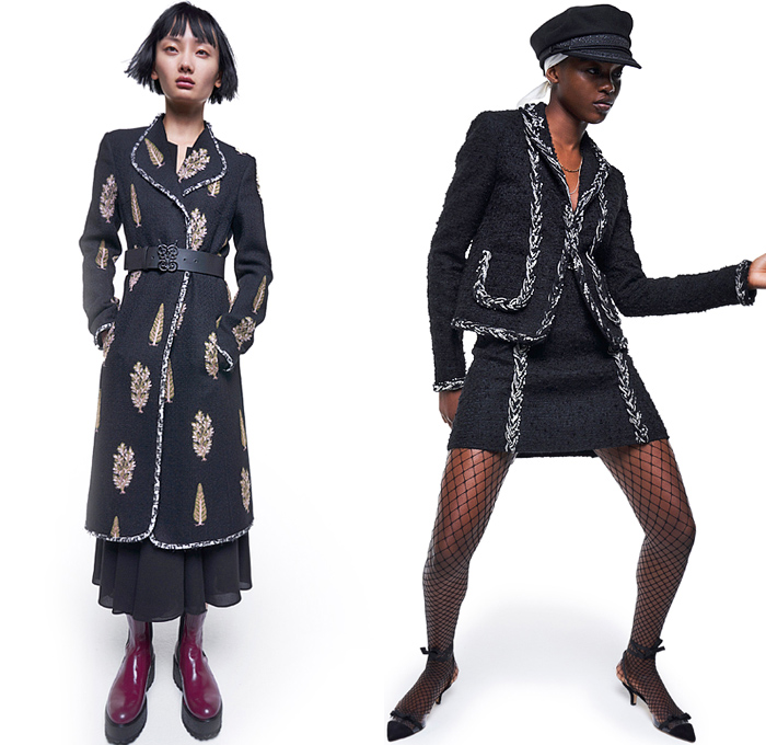 Giambattista Valli 2021 Pre-Fall Autumn Womens Lookbook Presentation - Police Hat Peaked Cap Racing Check Denim Jeans Jacket Shirtdress Camouflage Knit Turtleneck Sweater Cardigan Puffer Coat Ribbon Flowers Floral Trees Prairie Damsel Dress Tweed Blazer Vest Sheer Tulle Chiffon Paisley Blouse Ruffles Lace Embroidery Strapless Pockets Coatdress Sailor Skirt Miniskirt Cutoffs Shorts Camisole Nightgown Polka Dots Goddess Gown Tied Knot Twist Fishnet Stockings Tote Handbag Boots Loafers