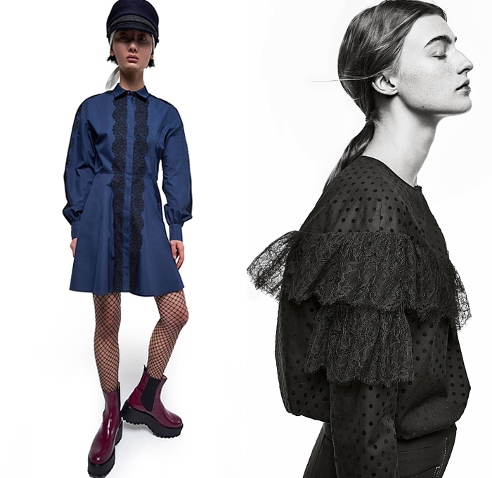 Giambattista Valli 2021 Pre-Fall Autumn Womens Lookbook Presentation - Police Hat Peaked Cap Racing Check Denim Jeans Jacket Shirtdress Camouflage Knit Turtleneck Sweater Cardigan Puffer Coat Ribbon Flowers Floral Trees Prairie Damsel Dress Tweed Blazer Vest Sheer Tulle Chiffon Paisley Blouse Ruffles Lace Embroidery Strapless Pockets Coatdress Sailor Skirt Miniskirt Cutoffs Shorts Camisole Nightgown Polka Dots Goddess Gown Tied Knot Twist Fishnet Stockings Tote Handbag Boots Loafers